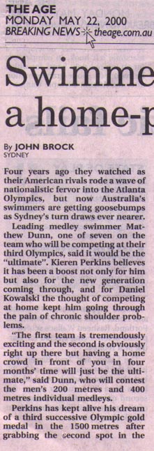 Swimmers spurred on by a home-pool advantage. 'The Age' 22-05-00 (a)