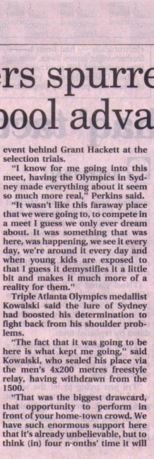 Swimmers spurred on by a home-pool advantage. 'The Age' 22-05-00 (b)