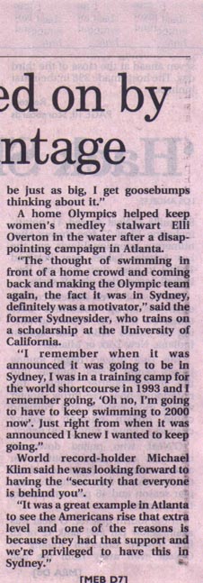 Swimmers spurred on by a home-pool advantage. 'The Age' 22-05-00 (c)